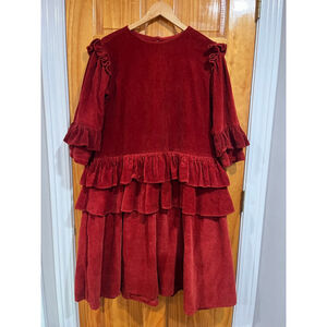 Story mfg Red Corduroy Tiered Ruffle Dress Organic Cotton Boho Cottagecore M